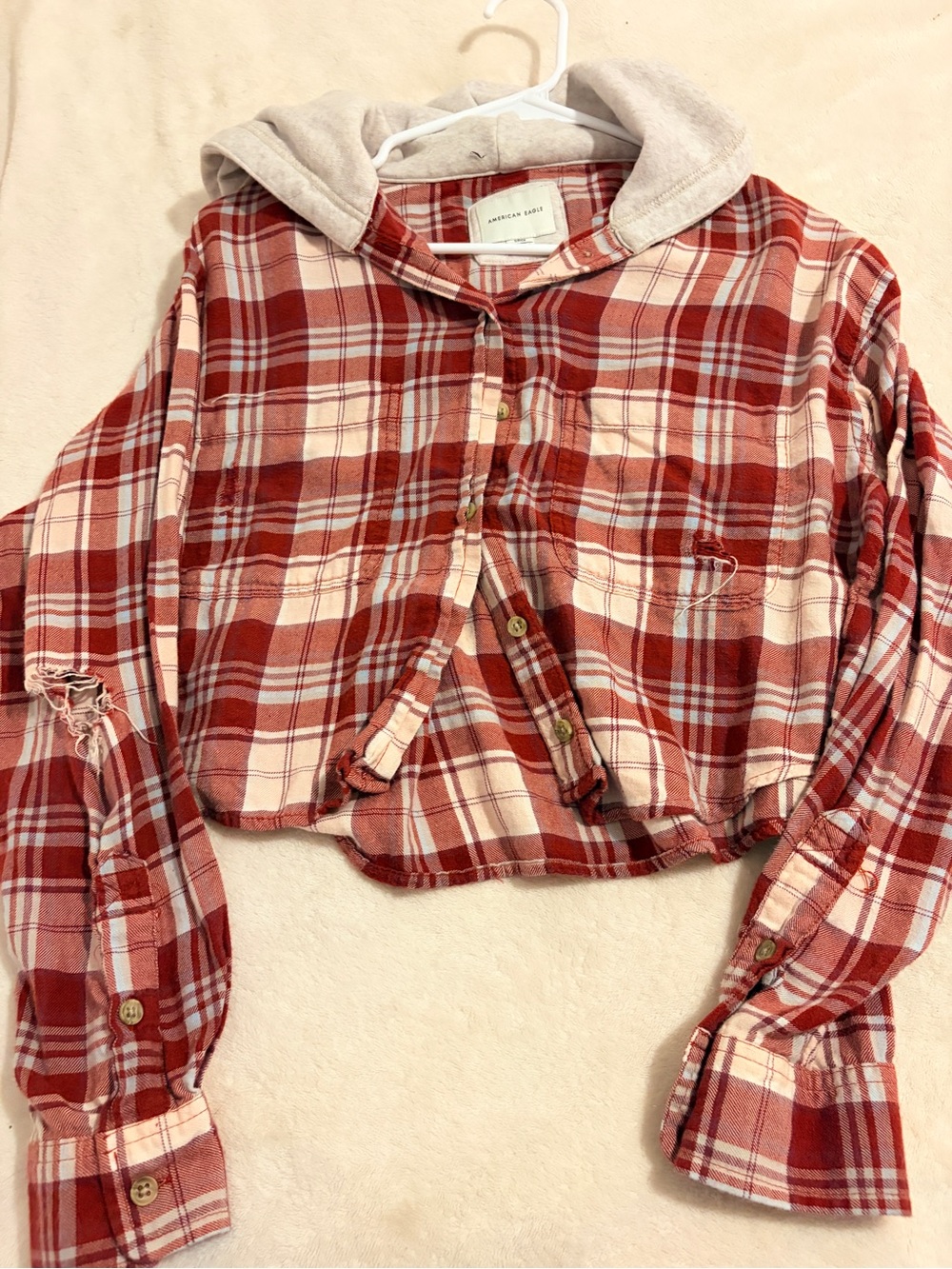American Eagle Red Plaid Hooded Flannel Shirt